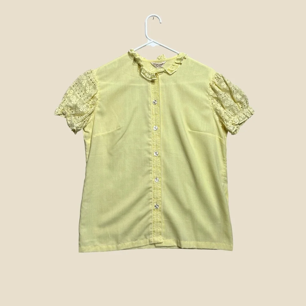 Vintage Ship n Shore 1960s Butter Yellow Lace Puff Sleeve Blouse Top - Picture 1 of 7